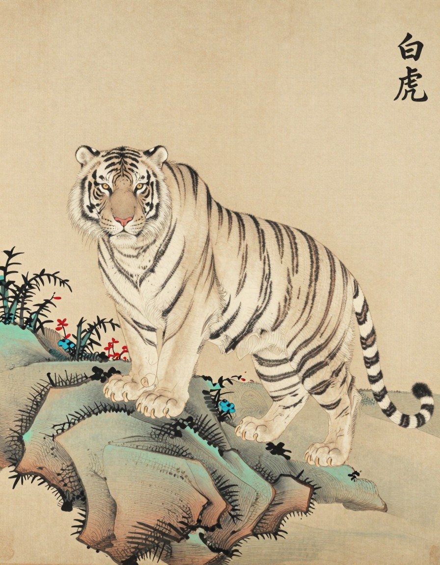 A white tiger with black stripes on a rock, ink painting on rice paper