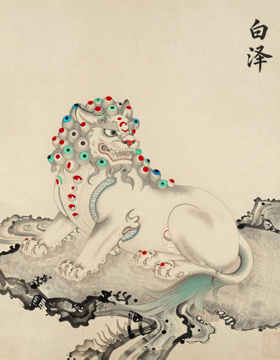 A lion-like baize covered in eyes, ink painting on rice paper