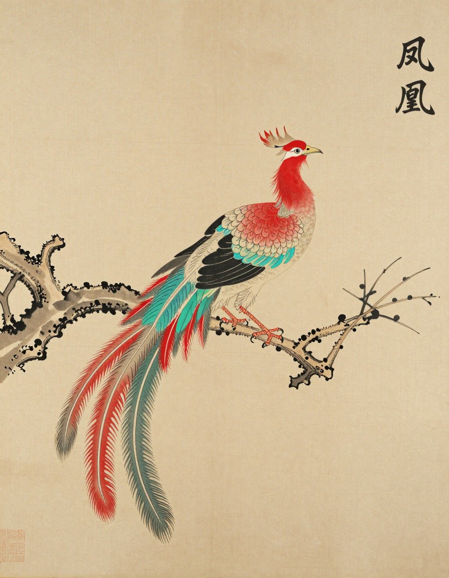 A fenghuang phoenix perched on a branch with layered tail feathers, ink painting on rice paper