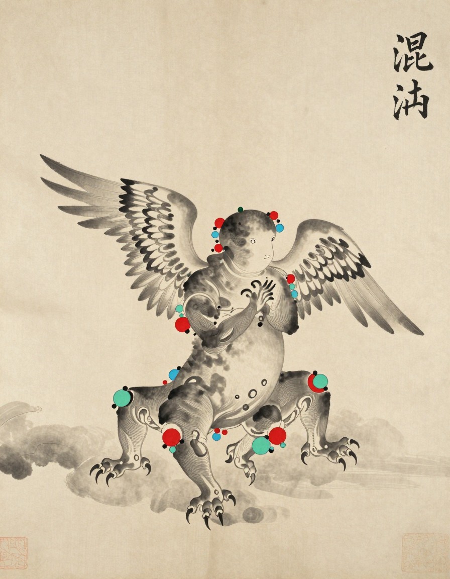 A faceless rounded hundun with six legs and wings in mist, ink painting on rice paper