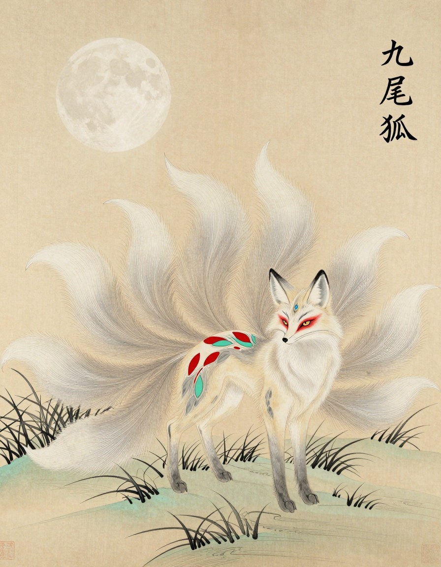 A white nine-tailed fox with nine flowing tails in moonlit grass, ink painting on rice paper