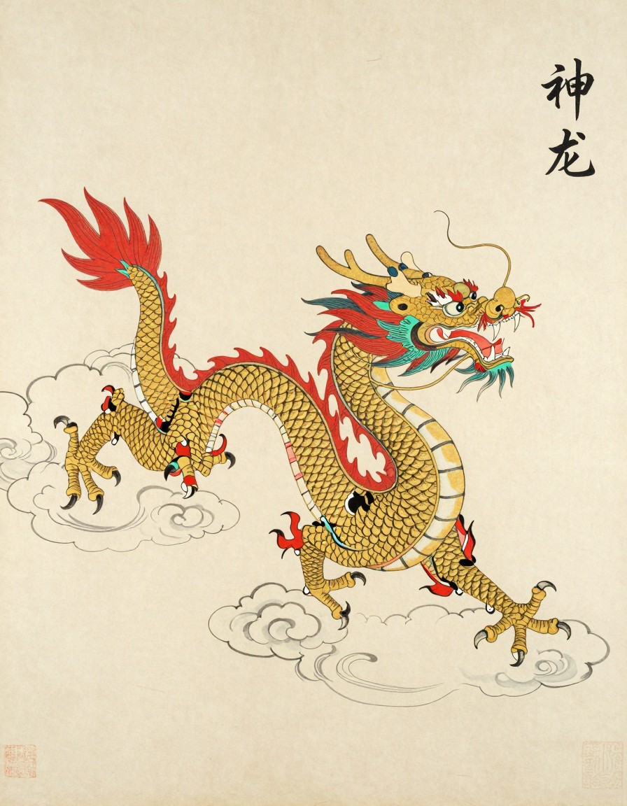 A golden five-clawed Chinese dragon rising through clouds, ink painting on rice paper