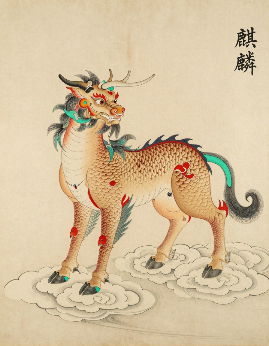 A qilin with a single horn standing on auspicious clouds, ink painting on rice paper