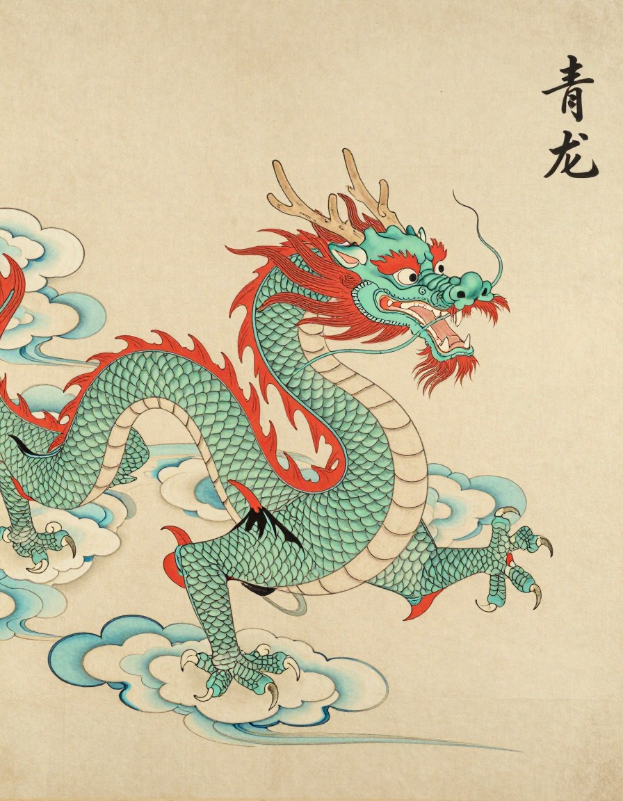 An azure Chinese dragon coiling through clouds, fine-brush ink painting on rice paper