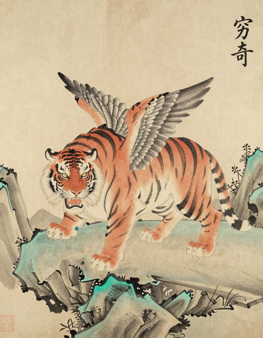 A winged tiger-like qiongqi with four eyes, ink painting on rice paper