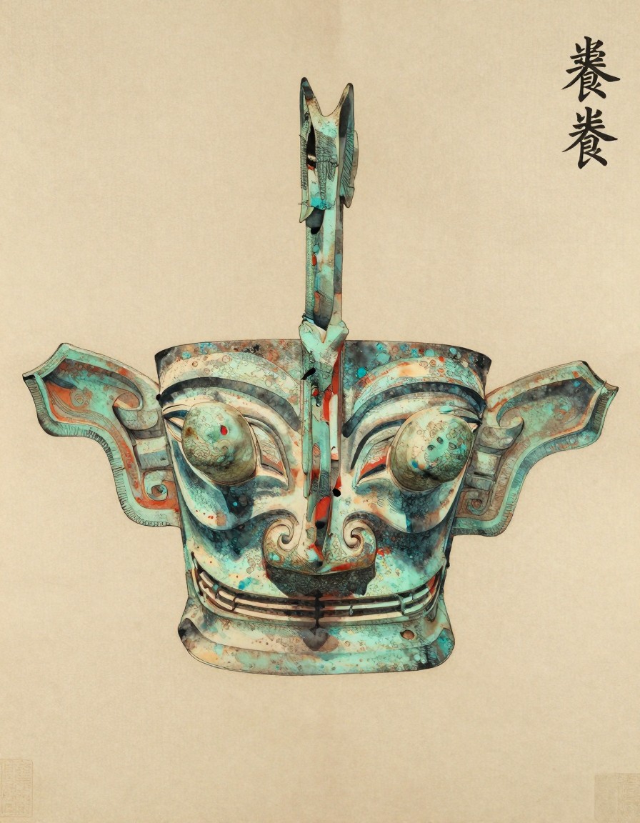 A taotie symmetrical bronze mask with curled horns, ink painting on rice paper