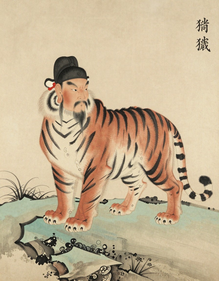 A tiger-like taowu with a human-like face and bristling mane, ink painting on rice paper
