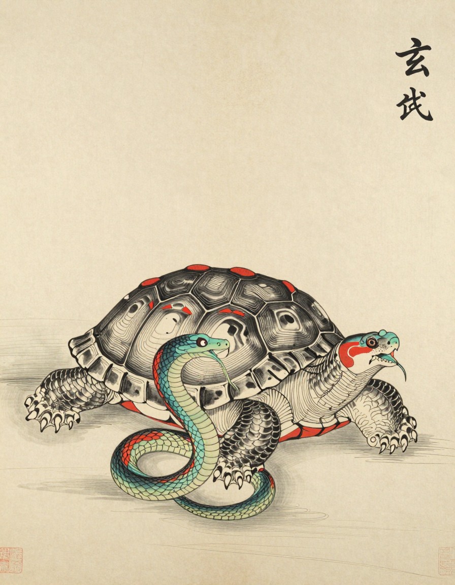 A black tortoise entwined with a snake beside still water, ink painting on rice paper