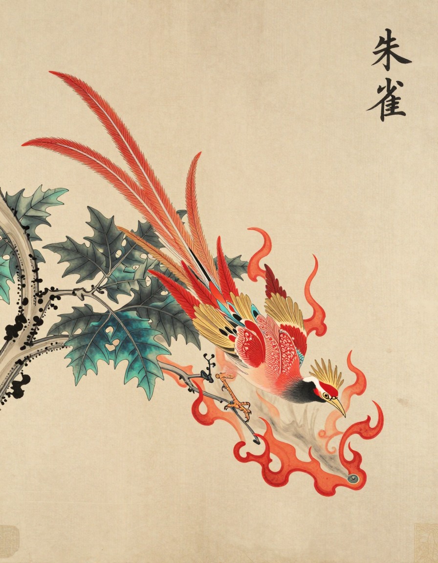 A vermilion sacred bird with long tail feathers among flames, ink painting on rice paper